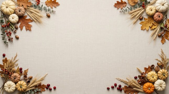 Rustic autumn corner frame with pumpkins wheat and fall berries on fabric with copy space