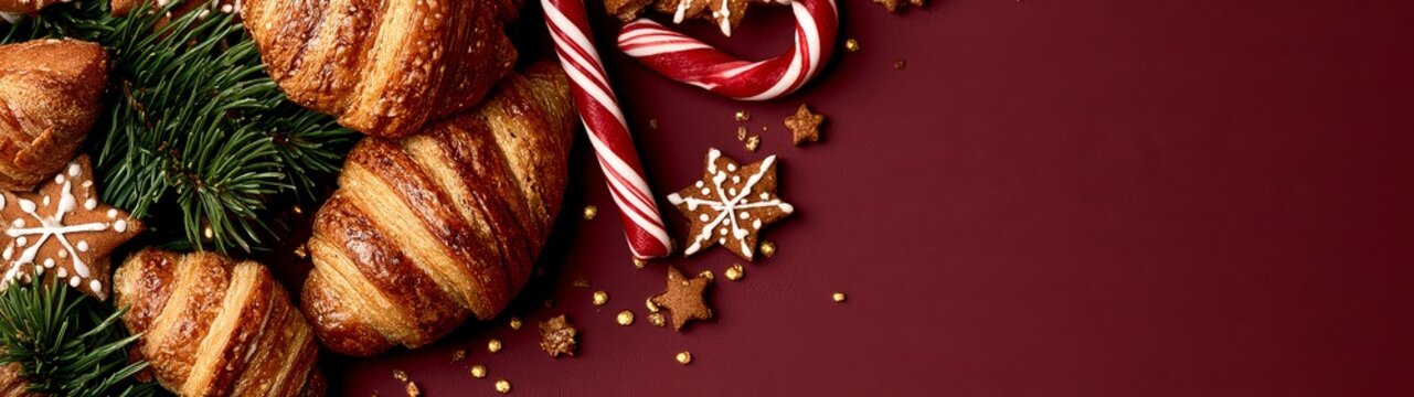 Cheerful holiday bakery display featuring gingerbread cookies and seasonal sweets against a rich red backdrop