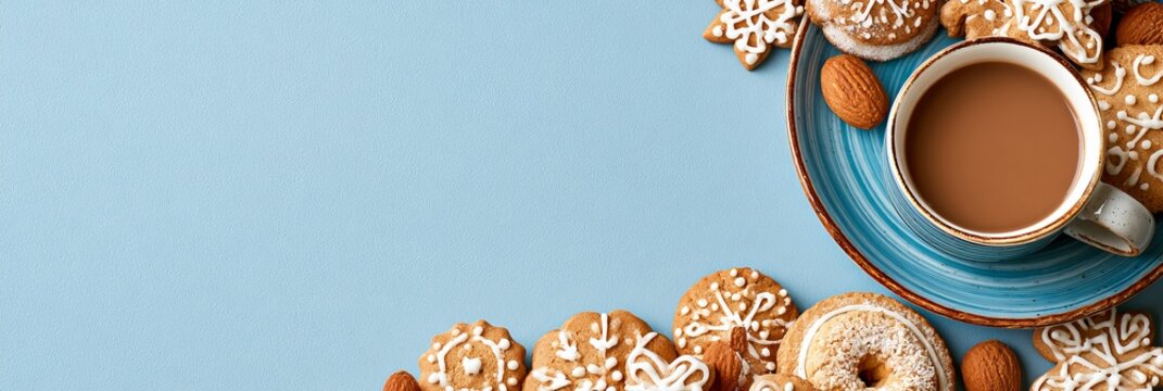 Festive bakery scene with gingerbread cookies and hot beverage for holiday desserts and winter treats