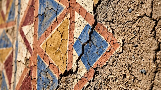 Ancient Mosaic Tile Pattern With Cracked and Faded Colors on Rough Surface
