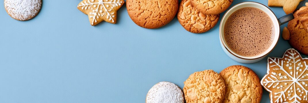 Delicious christmas bakery display featuring gingerbread cookies and festive pastries with hot cocoa on a blue background