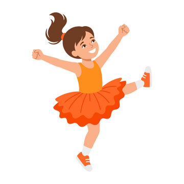 Happy little girl dancing and jumping with joy wearing a bright orange tutu dress and sneakers illustration