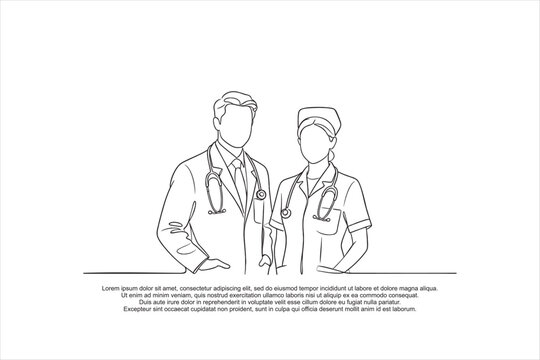 Continuous line art drawing of doctor and nurse standing together with stethoscopes. Vector illustration for healthcare medical team.