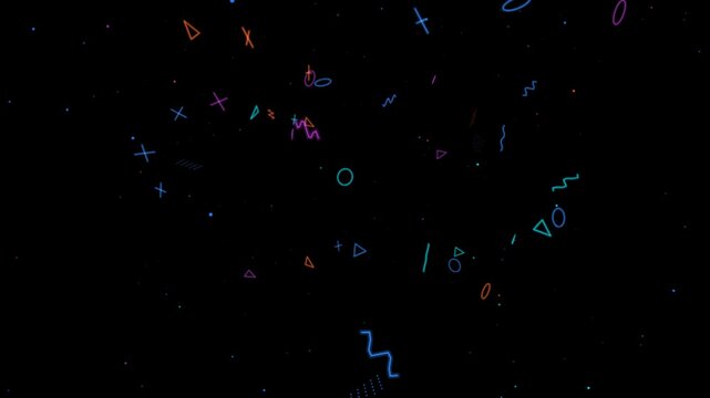 Abstract colorful neon geometric shapes floating on a dark black background 4K Motion Video