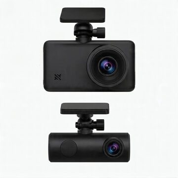 Modern Car Dash Cameras Isolated On White Background, Front And Rear Vehicle Driving Recorders For Road Safety, Accident Evidence And Automotive Security