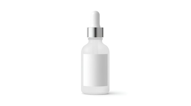Frosted glass dropper bottle mockup with white cap and empty label