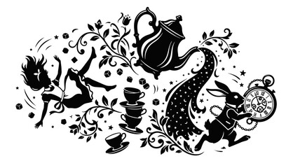 Fototapeta premium Whimsical black and white silhouette featuring falling Alice, the White Rabbit, and magical tea party elements in a surreal design.
