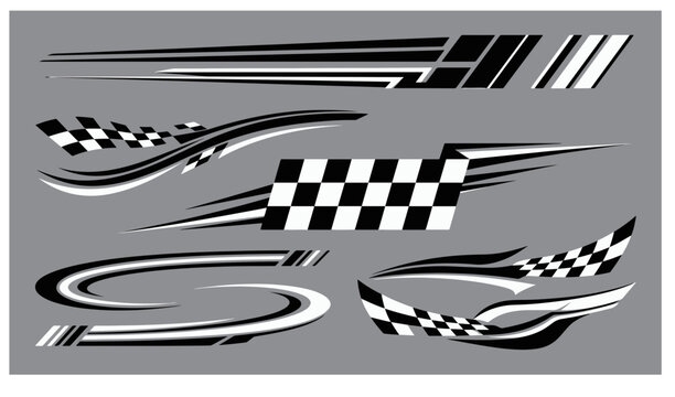 Dynamic black and white decals with checkered patterns for car customization and racing-themed designs.