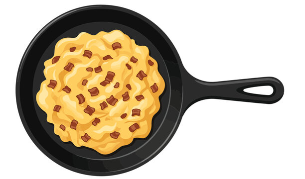 Overhead vector illustration of scrambled eggs with bacon bits in a frying pan. Isolated on white for culinary designs.