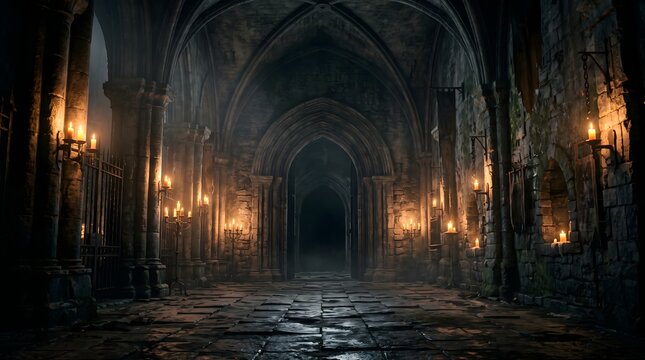 Dark atmospheric stone hallway of an ancient gothic castle illuminated by warm flickering candlelight in the shadows