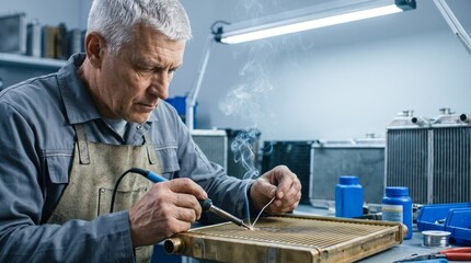 A senior mechanic in a leather apron uses a soldering iron and wire solder to repair a fine leak on a brass heater core radiator unit at his workbench.