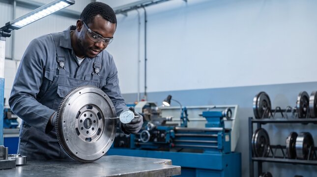 A Black male mechanic wearing protective safety glasses uses a magnetic-base dial indicator gauge to measure lateral runout on a dual-mass flywheel face.