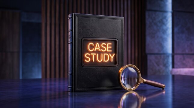 Black leather hardcover book featuring glowing orange neon case study text next to a polished brass handheld magnifying glass lens