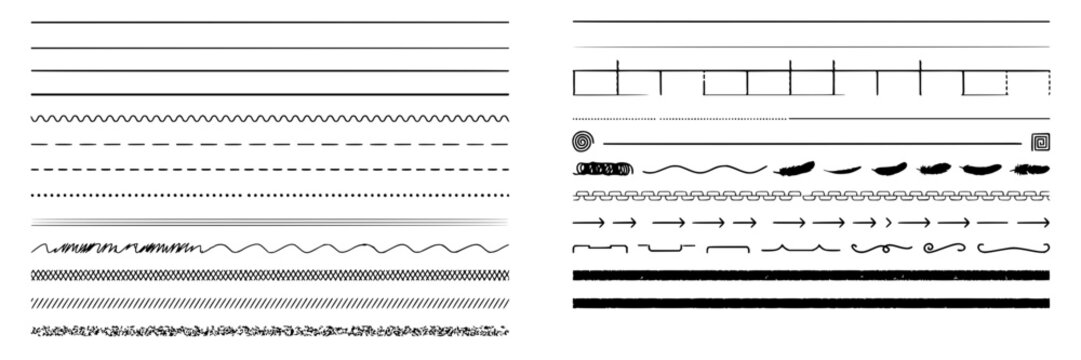 Line styles set with various black and white patterns featuring dashed lines, dotted lines, wavy lines, and arrow lines with textured lines and brush strokes