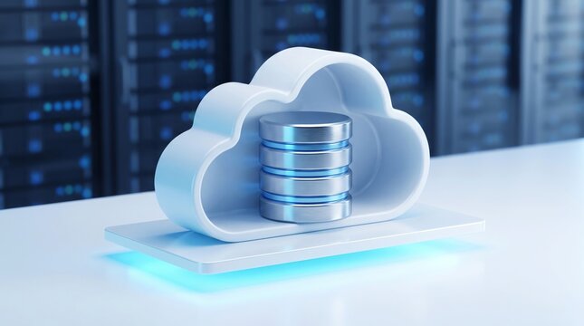 Glossy white 3d cloud icon containing metallic database storage cylinders displayed on a bright surface with modern soft blue lighting