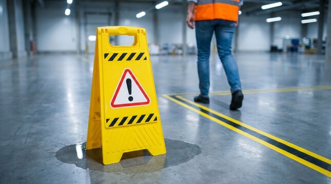 Bright yellow caution sign marks a wet slippery floor hazard in an industrial warehouse facility during a daytime work shift