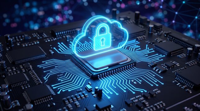Glowing blue cloud icon featuring a locked padlock symbol positioned atop a complex high tech computer hardware motherboard processor circuit