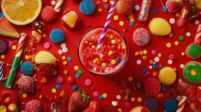 Colorful candy and fruit drink surrounded by sweets on red