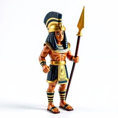 Obraz premium Egyptian pharaoh guard toy soldier with ornate headdress, gold breastplate, spear, and kilt on white background