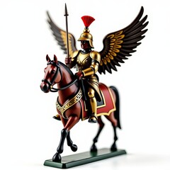 Obraz premium Polish winged hussar toy soldier with ornate armor, feathered wings, sabre, and lance on white background