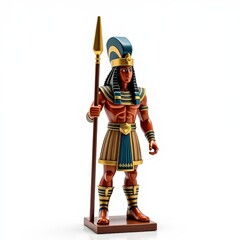 Fototapeta premium Egyptian pharaoh guard toy soldier with ornate headdress, gold breastplate, spear, and kilt on white background