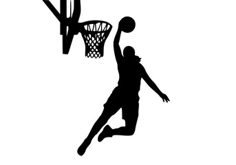 Silhouette basketball player mid-air dunking on hoop in dramatic black and white © John