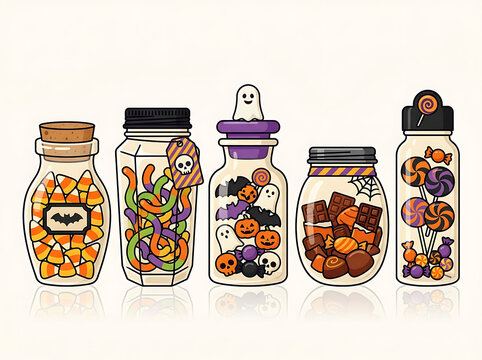 Halloween candy jars filled with sweets and spooky treats illustration vector
