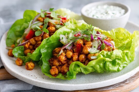 Healthy vegan chickpea lettuce wraps with spicy seasoned garbanzo beans, fresh cucumber, red onion, and microgreens served on a ceramic plate with creamy yogurt tzatziki sauce in daylight.