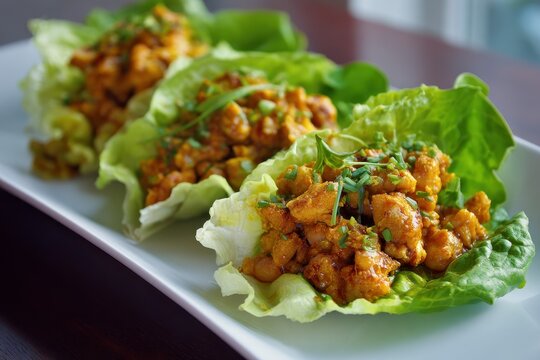 Gourmet minced chicken lettuce wraps garnished with fresh green chives served on a sleek white platter over a dark wooden table in soft natural light, highlighting a healthy and fresh meal.