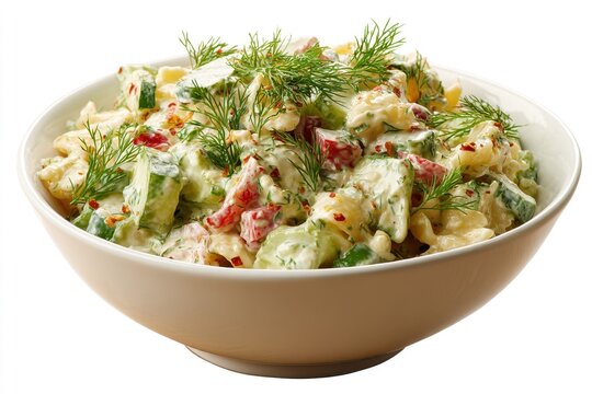 Fresh creamy pasta salad with crisp cucumbers, juicy tomatoes, and aromatic dill in a white ceramic bowl, isolated on white background with bright studio lighting for an appetizing meal.