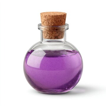 Shimmering purple magical potion in a round glass vial with a natural cork stopper, isolated on a clean white background with soft studio lighting, high quality fantasy game design element.