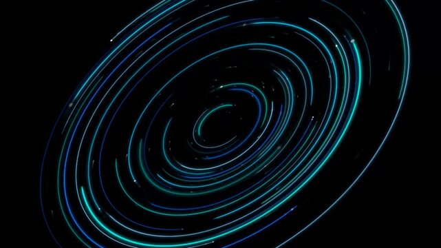 Abstract blue and green light trails forming glowing circles on a dark background 4K Motion Video