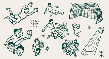 Fototapeta premium soccer football sport match pattern, active athletic game doodle sketch, stadium team sport illustration, competitive sport vector background, athletic tournament design, hand drawn soccer symbols, re