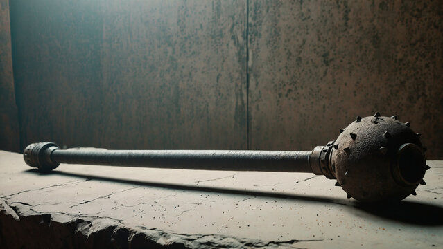 Medieval spiked mace resting on concrete surface against textured wall