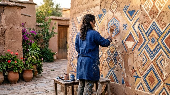 Artist Painting Traditional Geometric Patterns on Clay Wall in Rustic Courtyard Setting