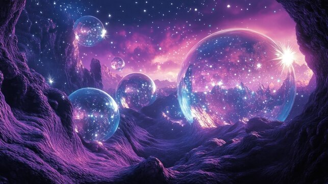Cosmic Bubblescape: A surreal, vibrant dreamscape featuring glowing orbs encompassing celestial mountains and a starlit sky.