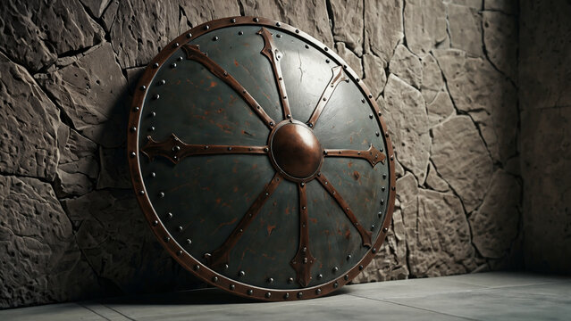 Round medieval iron shield leaning against rustic stone wall