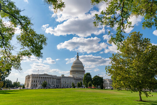 The Capitol building in Washington. Architecture view on dome with column. Famous Capitol in Washington DC. Washington DC landmark. Senate and House in Washington DC. Capitol dome