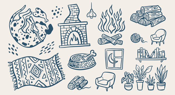 cozy home fireplace warmth interior vector, warm fireplace living room pattern, cozy fireplace hand drawn sketch, home interior fireplace background design, warm cozy fireplace vector illustration, li