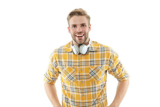 Young man with headphones isolated on white. Stylish young man portrait. Casual style man. Guy has stylish haircut. Young man wearing casual shirt. Casual male style portrait. Millennial portrait