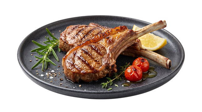 Grilled lamb chops on black plate, roasted meat with rosemary and tomatoes, gourmet lamb cutlets for restaurant menu