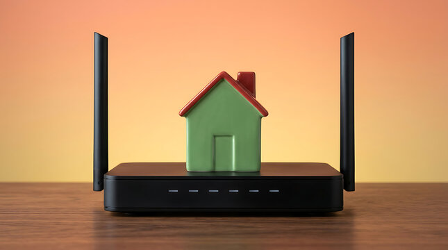 Smart home internet wireless connection with small green house model on router