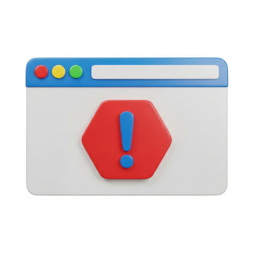 3d web browser window icon with a red warning sign and exclamation mark isolated on transparent background