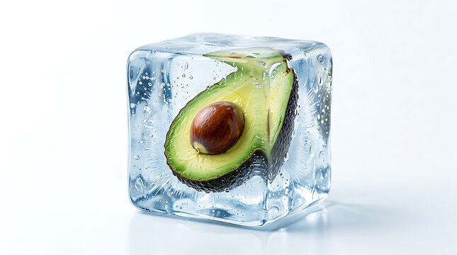 Half avocado frozen inside a large clear ice cube on a white background close up