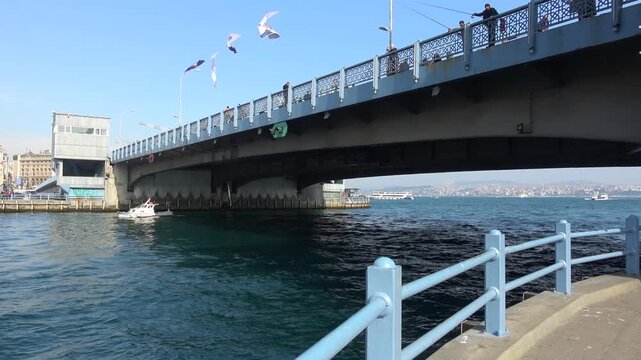 Istanbul, Turkey - February 29, 2024: View under Galata Bridge from Karakoy waterfront
