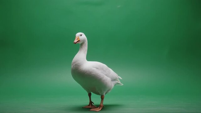 White goose walking forward with subtle head turn against a green screen background during studio lighting