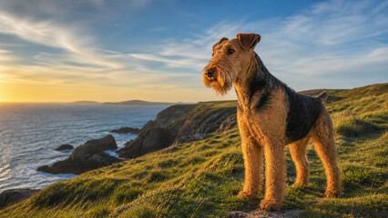 Naklejka premium A dog stands on a grassy cliff at sunset, a terrier gazing toward the sea with calm, rugged poise. A moment of solitude in nature and coastal landscape.