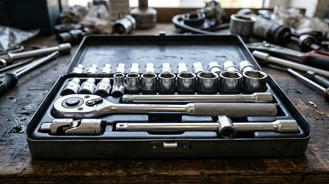 Organized metal tool set in open case on workbench.