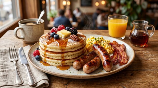 Hearty breakfast platter featuring fluffy pancakes with melting butter, syrup, berries, and pecans, alongside grilled sausages, crispy bacon, scrambled eggs, coffee, and orange juice in cafe.