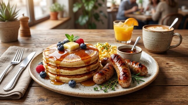 Fluffy pancake stack topped with melting butter and fresh berries served with grilled sausages and scrambled eggs on a rustic wooden cafe table with orange juice and coffee under morning sun.